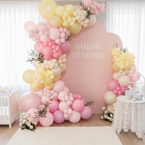 Image of Pink and Yellow Balloon Arch Kit with 3 Bobo Balloons 139 Pcs Pastel Pink Light Yellow Sand White Latex Balloons for Birthday Baby Shower Bridal Shower Wedding Bear Theme Party Decorations for Girl