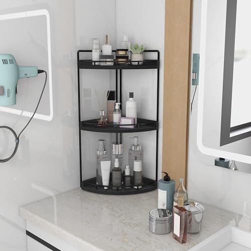 Image of Dorhors 3-Tier Corner Bathroom Organizer Countertop for Storage,Vanity Tray,Wood Counter Organizer for Kitchen,Bathroom,Dresser (Black)
