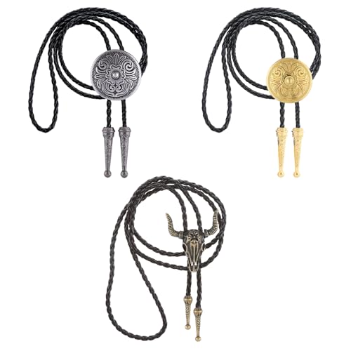 3 Pcs Western Bolo Ties, Retro Cowgirl Accessories for Women, Adjustable Alloy Goat and Flower Pattern Cowboy Necklace Country Style Cowboy Clothing Accessories Gifts for Men Women