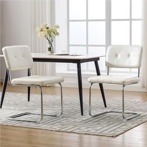 Forevich Mid Century Modern Dining Chairs Set of 2, Leather Kitchen Dining Room Side Chairs Upholstered Armless Accent Chairs with Metal Chrome Legs for Living Room, Bedroom White Cover