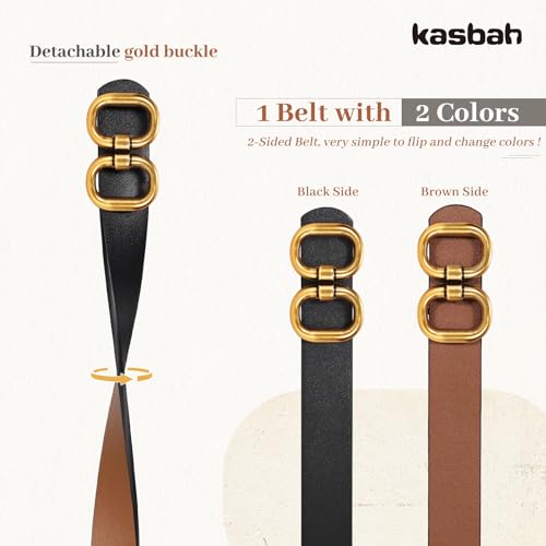 KASBAH Women Reversible Leather Belt for Jeans Dresses Two-in-One Ladies Waist Belt With Gold Buckle2