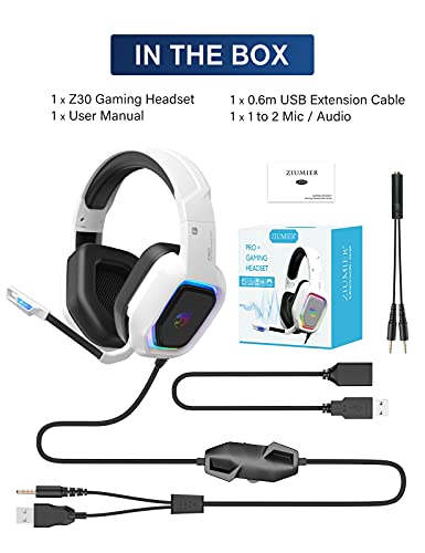 Ziumier Z30 White Gaming Headset For Ps4, Ps5, Xbox One, Pc, Wired Over-Ear Headphone With Noise Isolation Microphone, Rgb Flowing Led Light, Bass Surround Sound #TOP6
