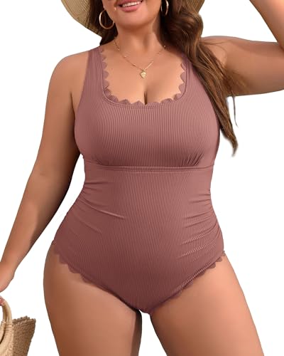 Image of Charmo Plus Size Swimsuit for Women 2026 Tummy Control Scalloped Ribbed One Piece Swimsuits Ruched Modest Bathing Suit