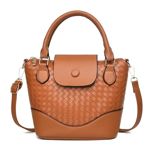 FULEI Women's Woven Faux Leather Handbag, Small Lightweight Crossbody Tote Bag with Adjustable Shoulder Strap, Zip Top Closure - Brown