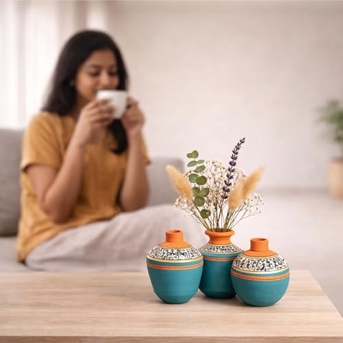 Image of Aakriti Art Creations Terracotta Vases Set of 3 | Handmade Blue Warli Art Flower Vases Oasis Earthy Accents | Matte Finish Decorative Vases for Artificial Plants Home Decor & Gifting