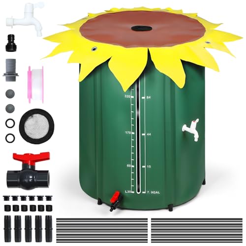 Collapsible Rain Barrel, 100 Gallon Portable Foldable Water Barrel, PVC Large Capacity Sunflower Style Rainwater Collection System with Spigots and Overflow Kit for Garden Outdoor Green L