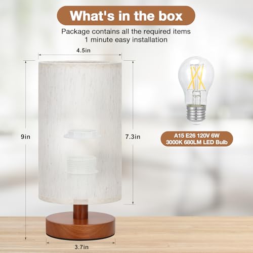 Image of Fenmzee Small Table Lamp for Bedroom - Inline Control, Bedside Lamp with 3000K A15 LED Blub, Easy Assembly (Cream Shade - Walnut Base, 9 inch Inline Control)