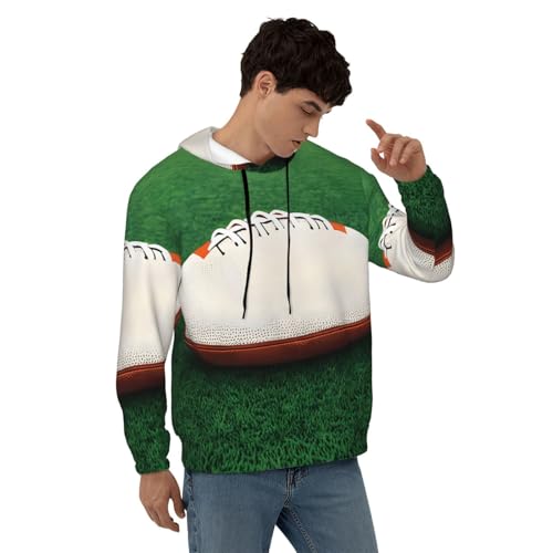 Men's Fleece Pullover Hoodies, White Rugby Ball Printed Casual Drawstring Hooded Sweatshirts