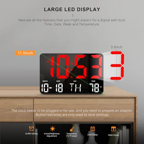 Image of Hournor Digital Wall Clock, LED Clock with Remote Control, Digital Clock Large Display with Date Week Temperature for Living Room Decor, Large Wall Clocks for Bedroom Office Gym Shop Garage (Red)