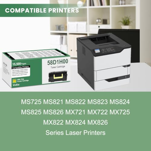 Image of 58D1H00 Black High Yield Toner (with New Chip) Repalcement for Lexmark 58D1H00 Toner Cartridge 58D1000 for MS725 MS821 MS822 MS823 MS824 MS825 MS826 MX721 MX722 Laser Printers, 1 Pack 58D1H00 Ink