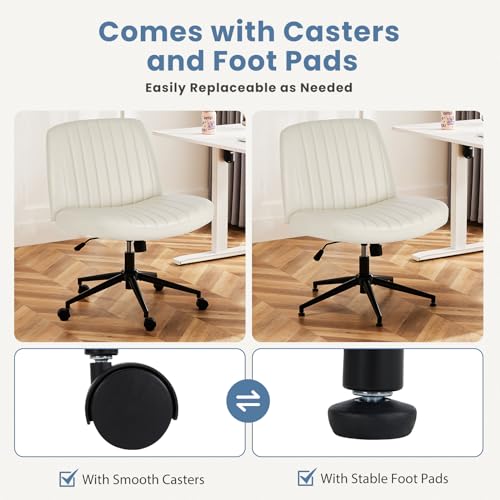 Image of DUMOS Criss Cross Chair with Wheels, Wide Cross Legged Office Desk Vanity Chairs, Faux Leather Armless Adjustable Swivel Chairs for Home Computer Task, Beige