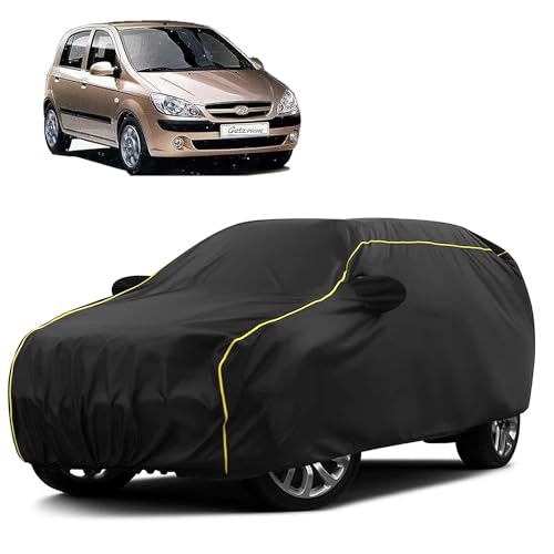 Image of Sulfar 100% Water Resistant Car Body Cover Compatible with Mirror for Hyundai Getz (Triple Stitched, Full Bottom Elastic, Black Taffeta with Yellow Piping)