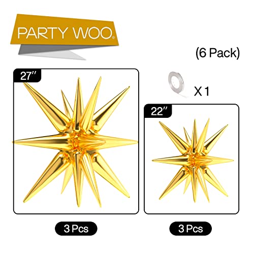 Partywoo Star Balloons 6 Pcs, One-Piece 14-Pointed Star Explosion Balloons With Ribbon, Gold Point Star Foil Balloons, Large Mylar Balloons Fireworks Shape (27 & 22 Inch), Gold-1324 #TOP2