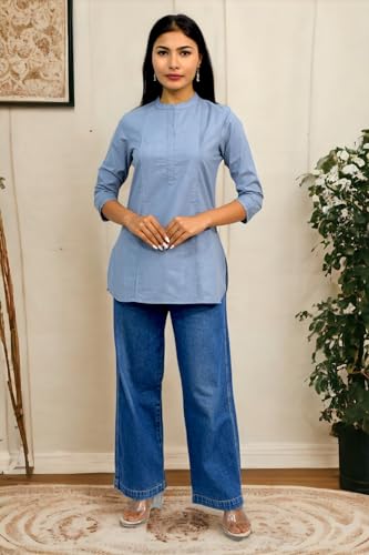 Image of JAIPUR HAND BLOCK Women's Pintuck Plain Short Cotton Kurti|Top STYLE-S91