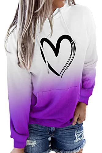 HVEPUO Teenager Mädchen Pullover Herz Print Hoodie Couple Farbverlauf University Hoody Damen Mit Kapuze Herbst Queen Heart Kapuzenpullov Batik Oberteil Lila M