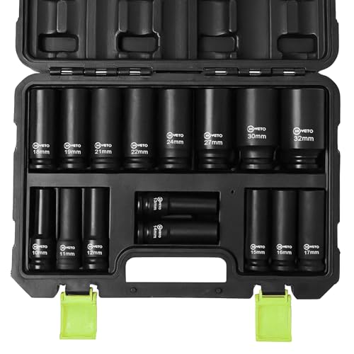 16 Piece 1/2" Drive Impact Socket Set - Metric Deep 6-Point Sockets with Heavy Duty Storage Case for Workshop, Garage, Automotive Repair (10-32mm)