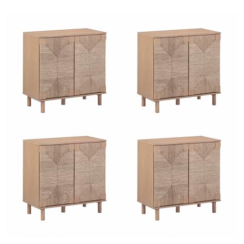 Image of Nathan James Beacon Boho TV Stand, Free Standing Kitchen Cabinet Storage with Adjustable Interior Shelf and Seagrass Accent, Seagrass /Raw Oak, Set of 4