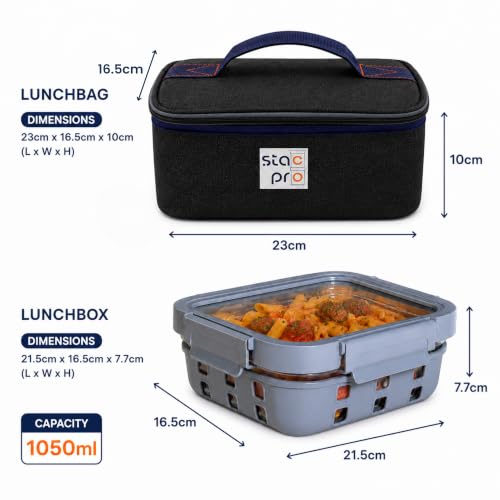 Image of 1 Large Lunch Box Combo with Insulated Lunch Bag | Leakproof Borosilicate Tiffin Container with Silicon Gasket and Sleeves | Perfect for Office Lunch, School & Travel (Glacier Blue)