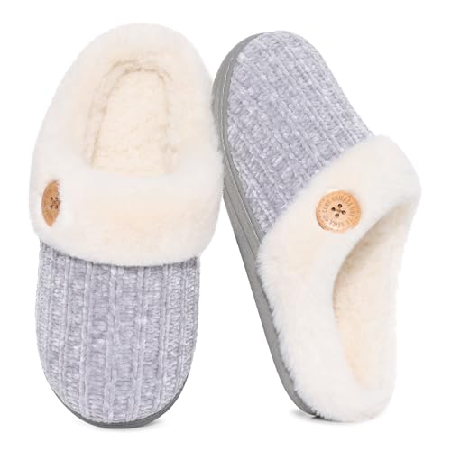 Image of Evshine Warm Knit House Slippers for Women Comfy Wool-Like Lined Chenille Slippers with Memory Foam and Indoor Outdoor Soles