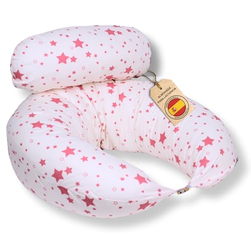 HOME DESIGN & CONFORT® Cojín de Lactancia XXL con Tela 100% de Algodón | Almohada para Embarazada con Relleno Lavable (Blanco y Rosa)
