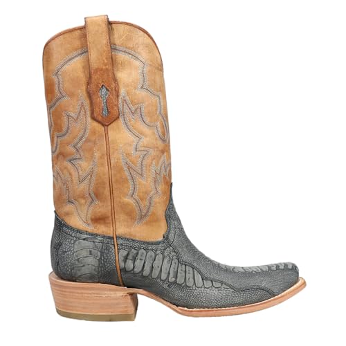 CORRAL MEN'S BLUE/SAND OSTRICH LEG EMBROIDERY NARROW SQ. TOE, LEATHER WITH RUBBER INSERT SOLE, WESTERN A4294