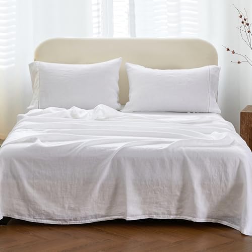 Simple&Opulence 100% Linen Hollow Hemstitch Sheet Set -4 Pieces European Flax Pure Washed Bed Sheets (1 Flat Sheet, 1 Fitted Sheet,2 Pillowcases) -Breathable and Soft (Hemstitch White, King)