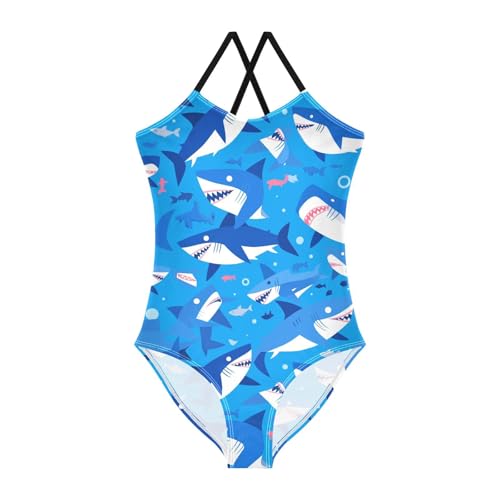 KLL Shark Ocean Blue Girls 1-Piece Swimsuits Summer Swimwear Adjustable Strap Cute