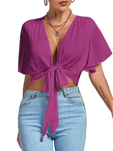 Image of LYANER Women's Sexy Deep V Neck Tie Front Wrap Cropped Blouse Bell Short Sleeve Ruffle Crop Tops
