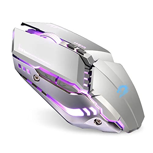 Uiosmuph T12 Wireless Gaming Maus, 2.4G LED Wiederaufladbare Kabellose Optische Silent Maus, Ergonomischer Griff,3 DPI Einstellbar für MAC/PC/Notebook/Computer (Silber)
