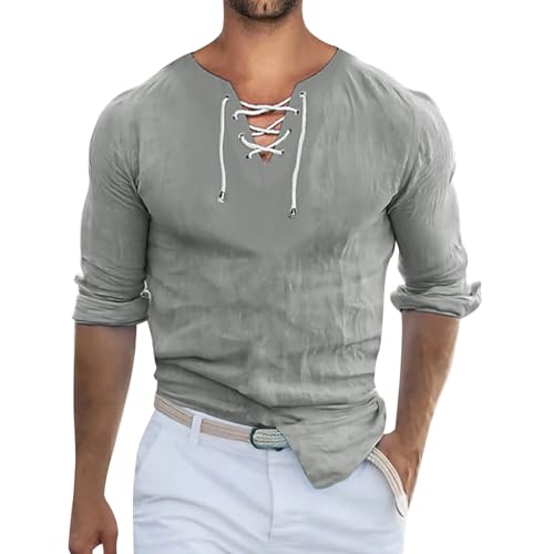 Chemise homme aspect lin à lacets col en V manche longue respirante beige d'été pour la plage