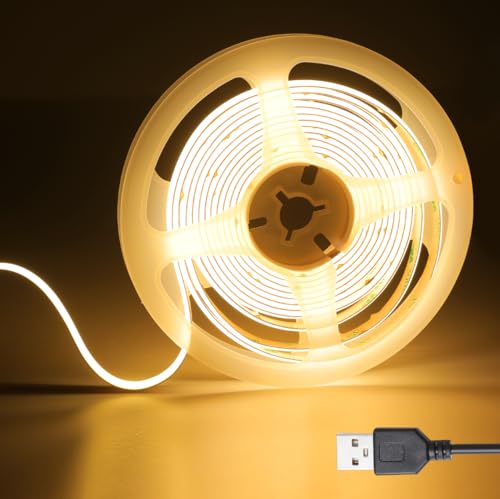 SIRYYUI COB USB LED Light Strip,5V Led Strip 480LEDs/1.5M, 2700K Warm White USB Led Light, CRI90+,8MM Width Led Strip Lights for TV Backlight,Mirror backlighting,Home DIY Lighting