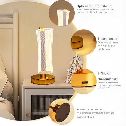 Image of One94Store 3D Acrylic LED Night Lamp with Gold Base - Starry Sky Waist Design 2, Touch Control Cordless Decorative Table Light for Bedroom, Living Room & Home Decor (Pack of 1, Plastic Body)