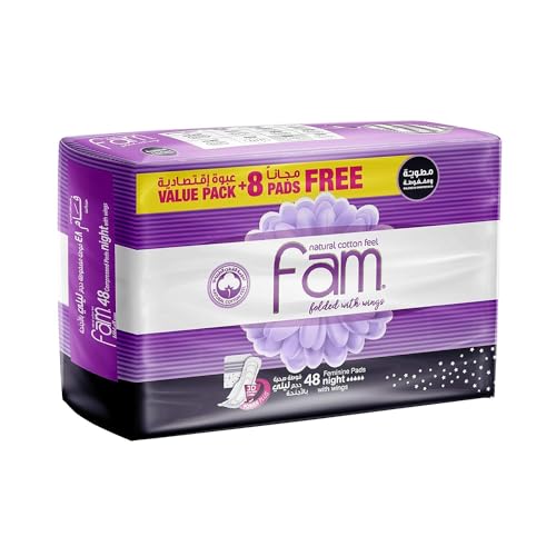 Fam Natural Cotton Feel, Maxi Thick, Folded With Wings, Night Sanitary Pads, 48 Pads