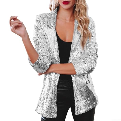 Zilimontt Veste à paillettes pour femme, blazer à paillettes ouvert sur le devant, veste à revers brillant, manteau d'automne rave, blazer femme pour fête, boîte de nuit (L argenté)
