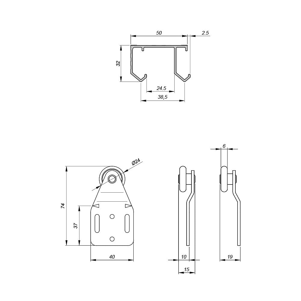 Slid'Up 110 - Herraje para puerta corredera (194 cm, 3 puertas hasta 45 kg, para puertas de armario, armarios y nichos)