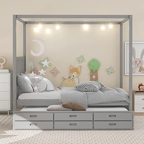Queen Size Wood Canopy Platform Bed Frames With Twin Size Trundle & 3 Storage Drawers, No Box Spring Needed, Easy To Assemble For Bedroom Small Living Space Boys Girls (Grey) #TOP2