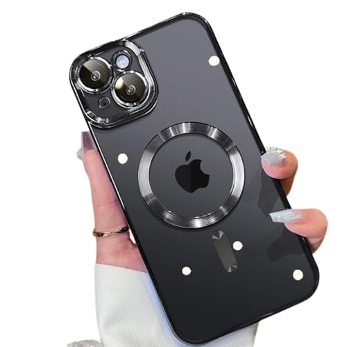 Image of VONZEE Electroplating Transparent Clear Logo Back Cover TPU Compatible with iPhone 15 Plus Case, Compatible with Magsafe,Full Body & Individual Camera Protection for Each Lens for Men & Women (Black)