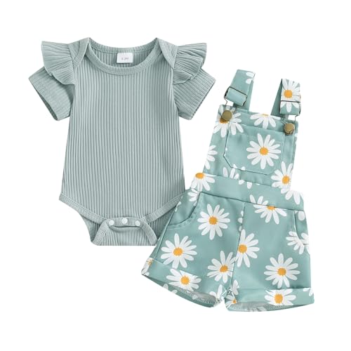 Image of Rtnnsbbfcm Newborn Baby Girl Clothes Summer Outfit Short Sleeve Ribbed Romper Floral Suspender Overalls Shorts Set