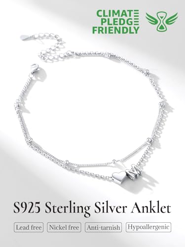 Image of SILVERCUTE Silver Anklets for Women, Waterproof Initial Heart Ankle Bracelets Sterling Silver, Adjustable Layered Foot Jewelry Summer Beach Fashion with Personalized Name Design, Gift Package