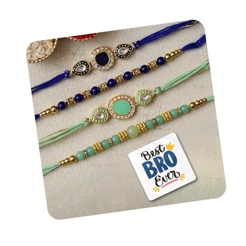Image of eCraftIndia Set of 4 Multicolor Beads Kundan Designer Rakhis, Best Bro Ever Fridge Magnet with Roli Chawal Pack - Rakhis for Brother, Bhabhi, Kids