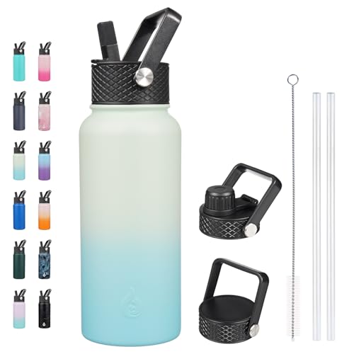 BJPKPK Insulated Water Bottles with Straw Lid, 32oz Metal Large Water Bottle with 3 Lids, Reusable Leak Proof BPA Free Thermo, Stainless Steel Tumblers for Sports, Gym, Travel-Mint by BJPKPK - Used condition - US$7.53