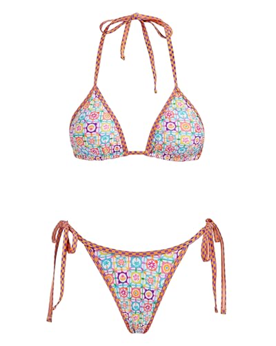 Image of Women's Triangle Bikini Set String Swimsuit Print Tie Smocked Ruched Two Piece Bathing Suit