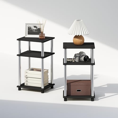 Image of Furinno Just 3-Tier Turn-N-Tube Open Storage Nightstand, 2-Pack, Americano, Stainless Steel Tubes