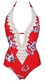COCOSHIP Red White Jade Pink Garden Floral One Piece Crochet Lace Trim Bather Bikini Plunge Neck Swimsuit Scoop Back Maillot 14