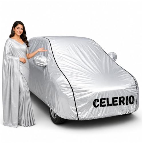 Image of Waterproof Car Body Cover for Celerio All Weather Protection Comes with Inner Cotton Lining & Triple Stitched with Mirror & Antenna Pocket Belt & Elastic Fit Metallic Silver with Black Piping1
