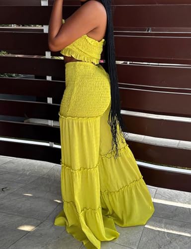 Yuopeid Women's Sexy 2 Piece Outfits Sleeveless Tube Crop Tops and Loose Wide Leg Pant Set2