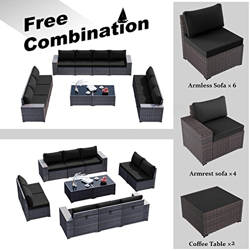 Alaulm 12 Pieces Outdoor Patio Furniture Set Sectional Sofa Sets Brown Pe Rattan Patio Conversation Set W/10 Black Seat Cushions And 2 Coffee Tables #TOP5