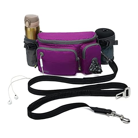 TUDEQU 4-IN-1 Hands Free Dog Zero Shock Absorbing Bungee Leash with a Multifunctional Waist Bag, 5.8FT/178cm Leash with Car Seat Belt Buckle and Reflective Threading Cover