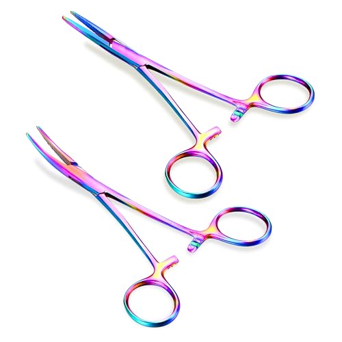 GEMQUEEN Piercing Curved and Straight Forceps for Changing Jewelry - 316L Surgical Stainless Steel Pliers Tool Set Colorful Locking Tweezers Clamps for Removal Earrings Lip Nose Rings 2 PCS