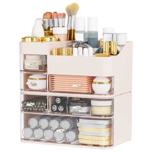 Pink Makeup Countertop Organizer,Large Capacity Make up Organizers for Vanity with 6 Drawer,Plastic Bathroom Skincare Organizers for Eyeshadow,Brush,Palettes,Perfume,Beauty Products,Skin Care Storage
